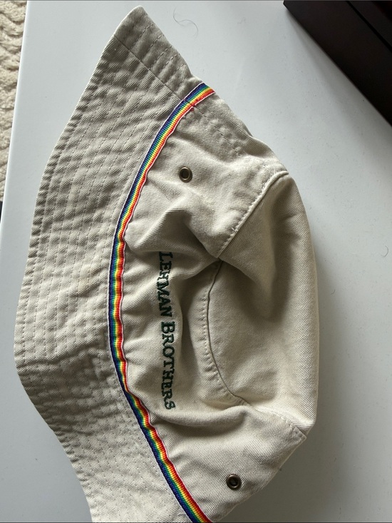 Lehman Brothers Beige Bucket Pride Hat with Rainbow Trim *RARE & VINTAGE*